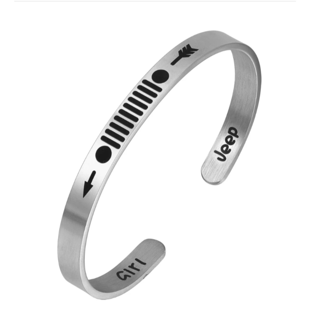 Jeep Girl Silver Stainless Steel Open Cuff Bracelet Adjustable Gift NWOT